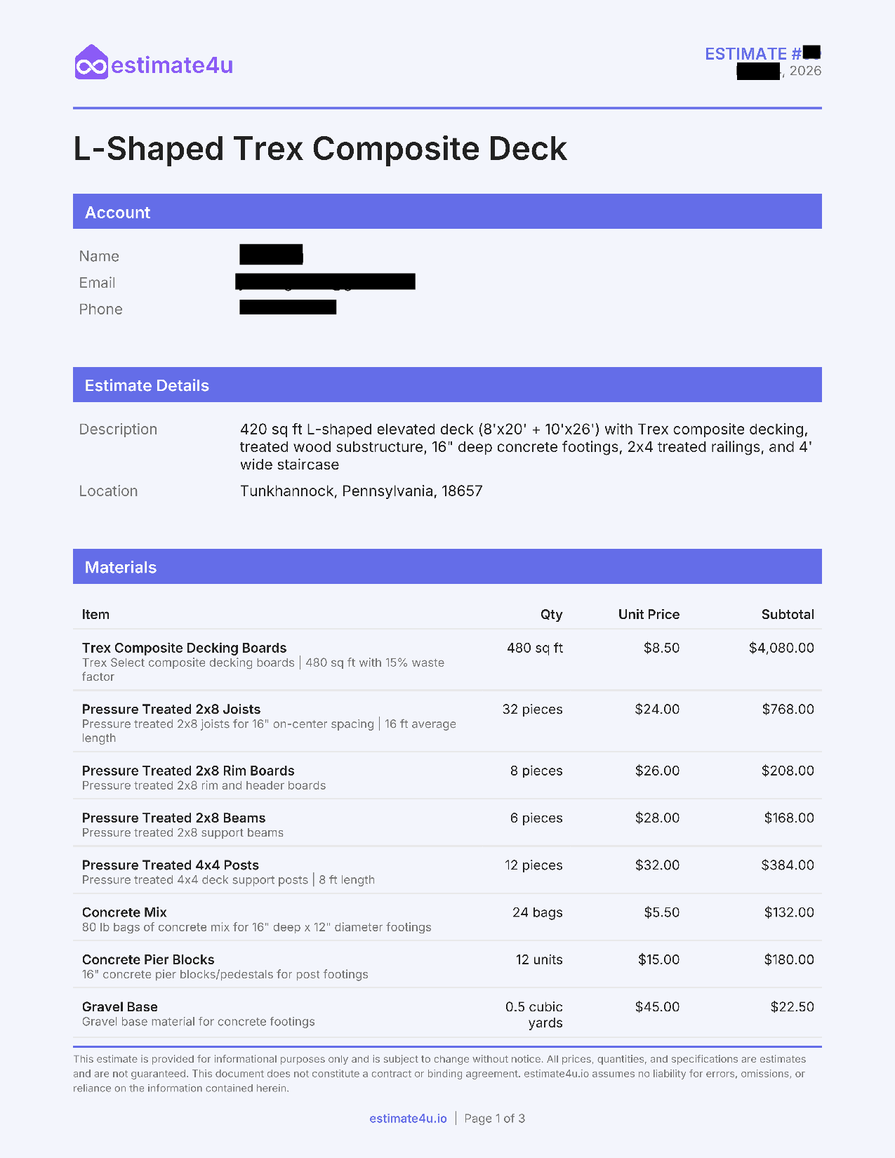 L-Shaped Trex Composite Deck sample estimate preview
