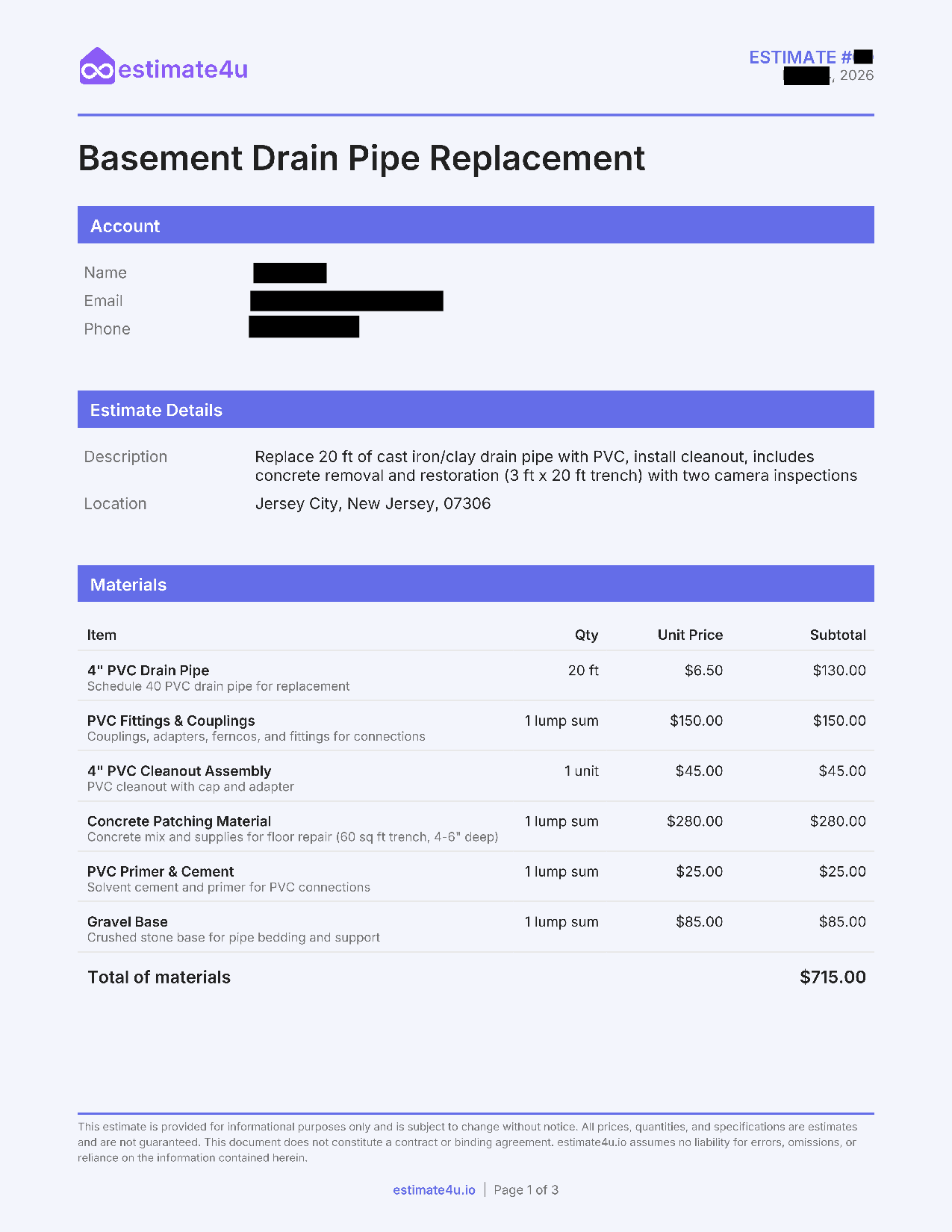 Basement Drain Pipe Replacement sample estimate preview