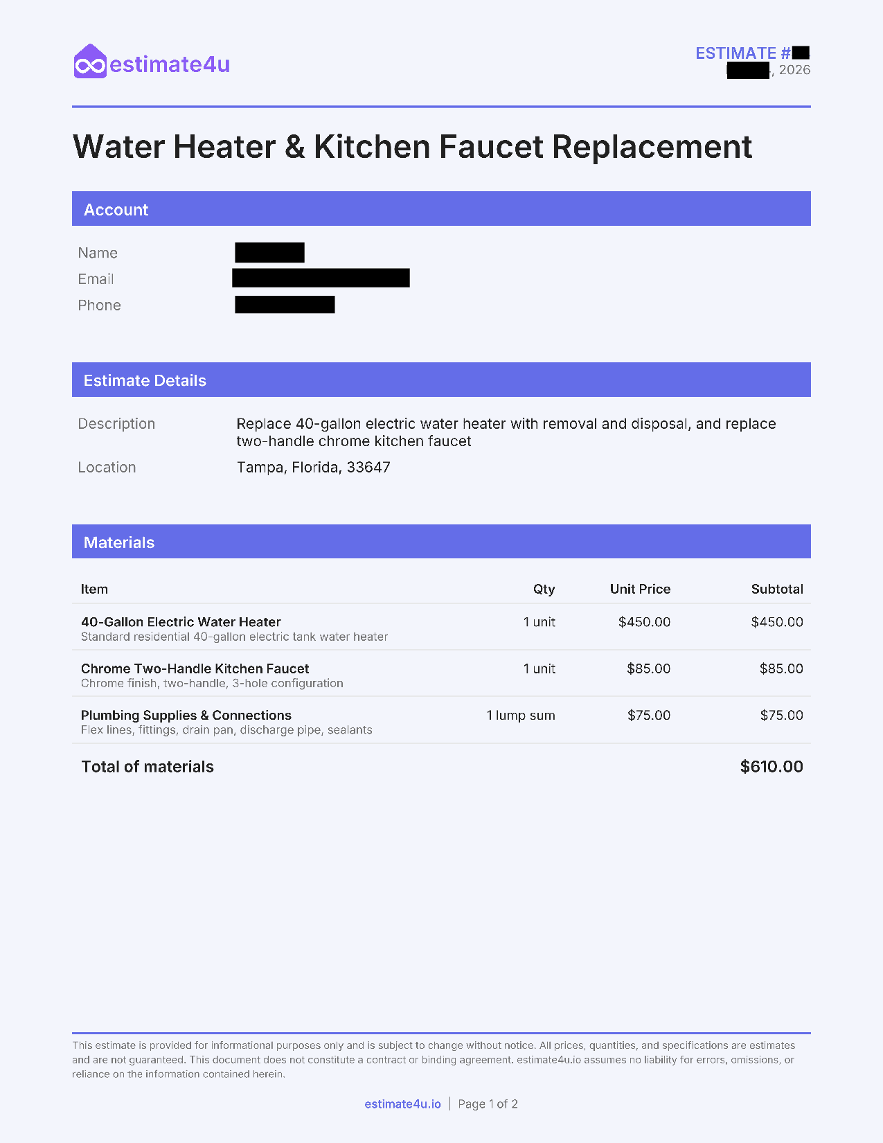 Water Heater & Kitchen Faucet Replacement sample estimate preview