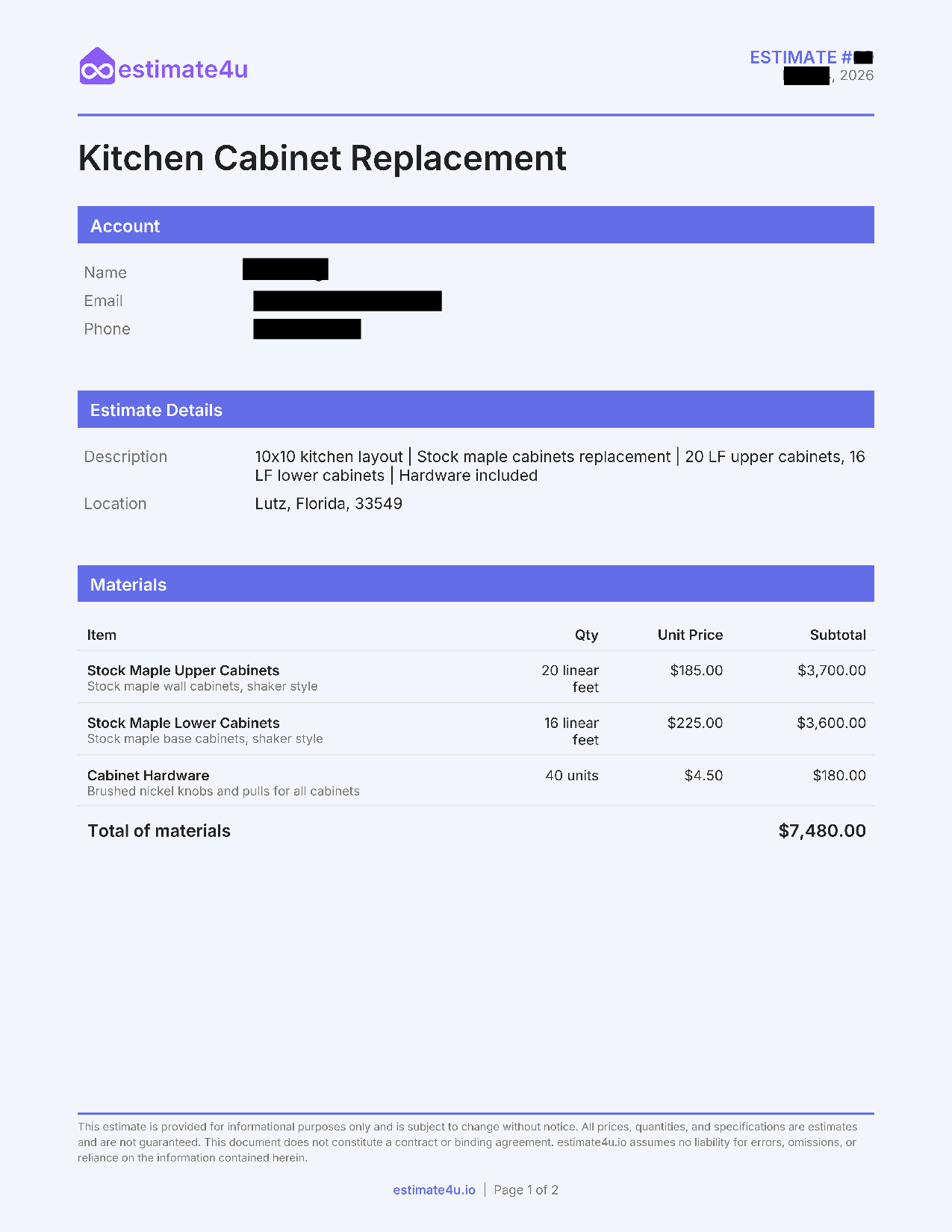 Sample estimate from estimate4u.io — Kitchen Cabinet Replacement