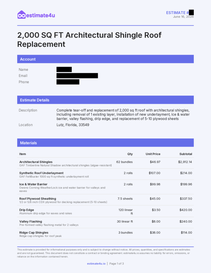 Full line-item roof replacement estimate from estimate4u.io, total $16,834.48
